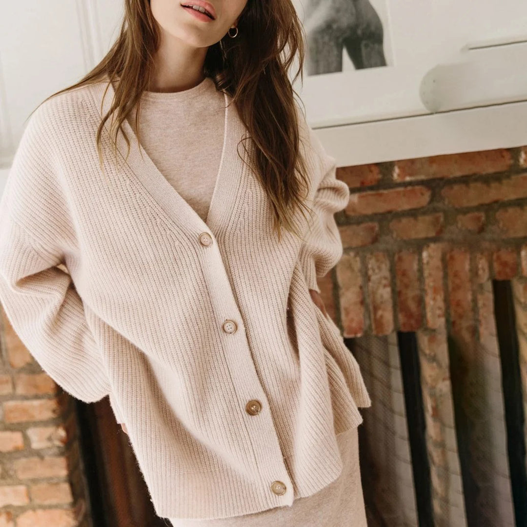 Women's oversized loose fit winter cardigan deep V-neck soft knit texture cozy layering piece