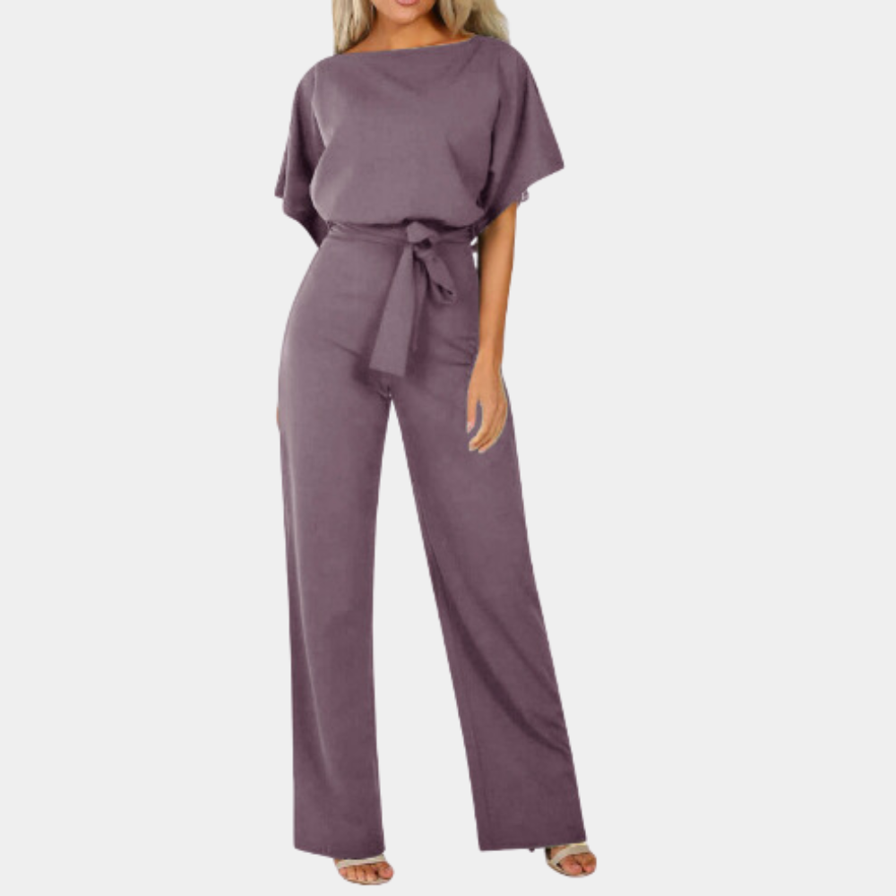Women's wide-leg jumpsuit in solid color, short-sleeve tie-waist one-piece with polished silhouette