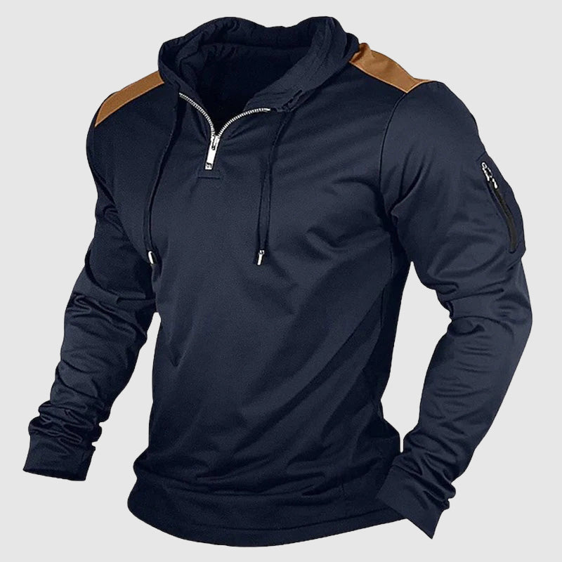 Men's regular fit hoodie with quarter zip closure and zippered sleeve pocket for casual style