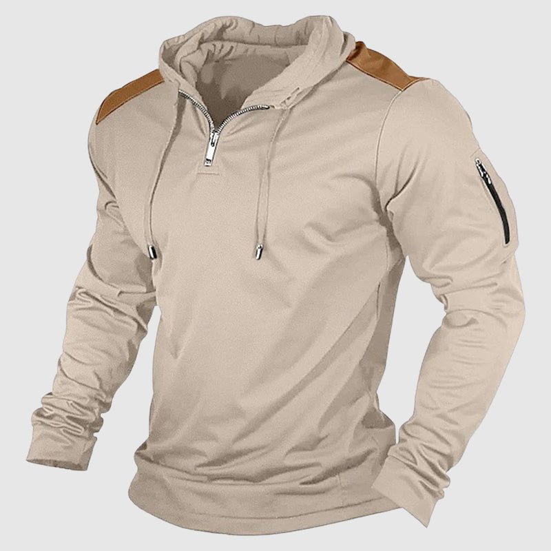 Men's regular fit hoodie with quarter zip closure and zippered sleeve pocket for casual winter wear