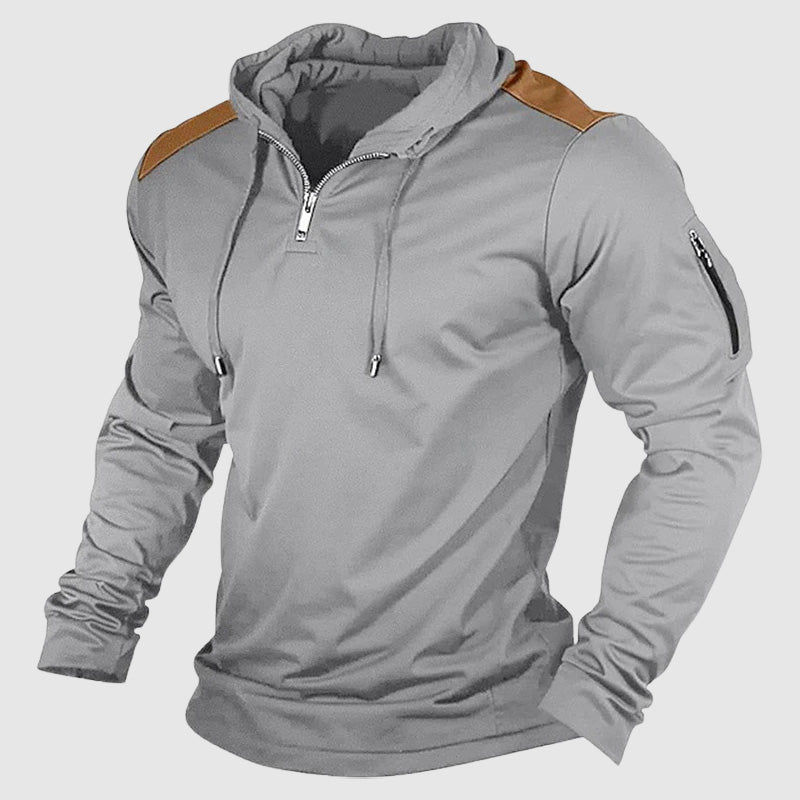 Men's regular fit hoodie with quarter zip closure and zippered sleeve pocket for casual style