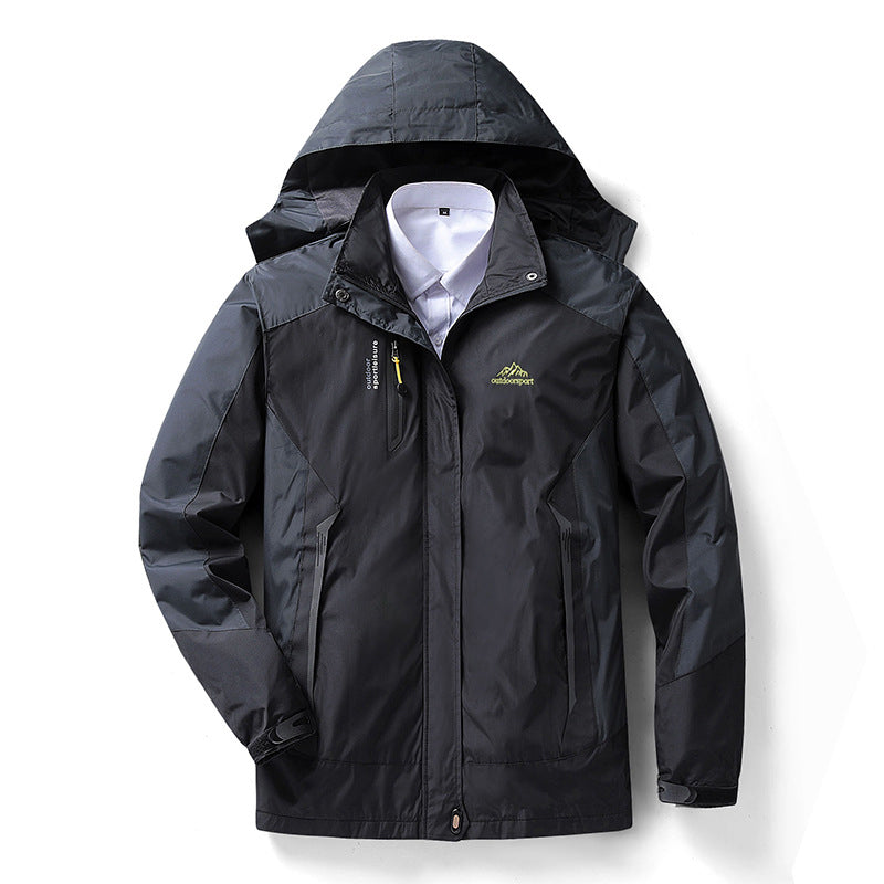 Women's waterproof hiking shell jacket with removable hood, breathable all-weather design for outdoor trails