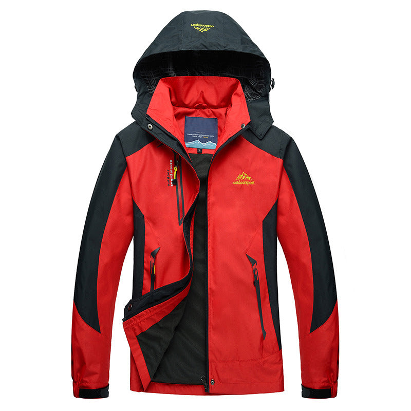 Women's waterproof hiking jacket with removable hood, breathable all-weather shell for outdoor adventures