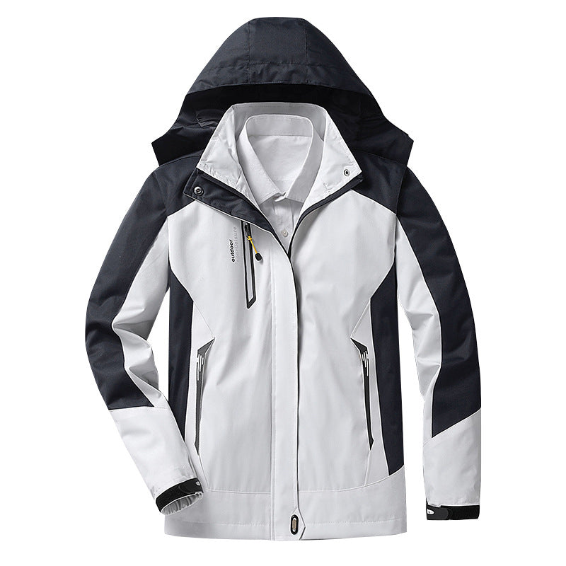 Women's waterproof hiking shell jacket with removable hood, breathable all-weather fit for outdoor use