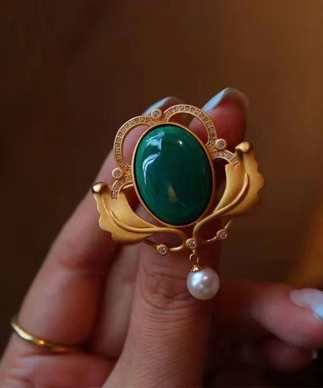 Bagues surdimensionnées en argent sterling vert surdoré avec perles de jade et zircon - Urbann-Vibe