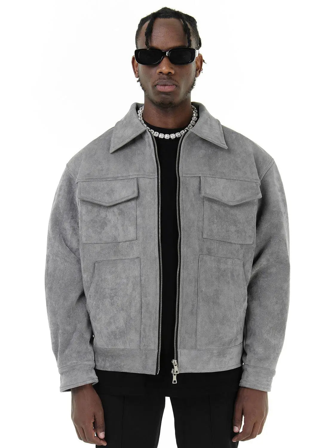 Men's oversized suede jacket in neutral tone with relaxed fit and practical everyday pockets