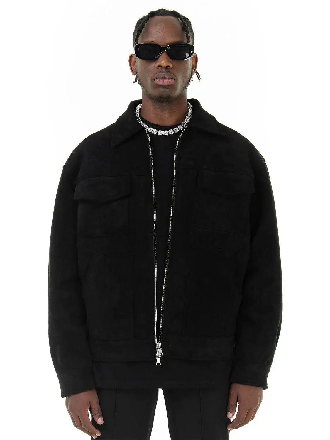 Men's oversized suede jacket in neutral tone with relaxed fit and practical everyday pockets