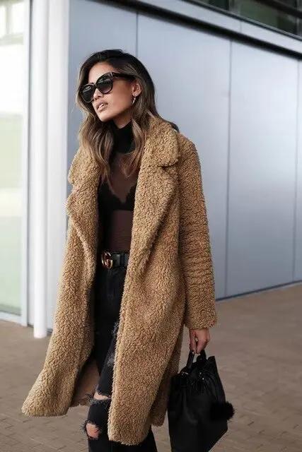 Women's oversized teddy coat plush texture lapel collar cozy warm casual outerwear