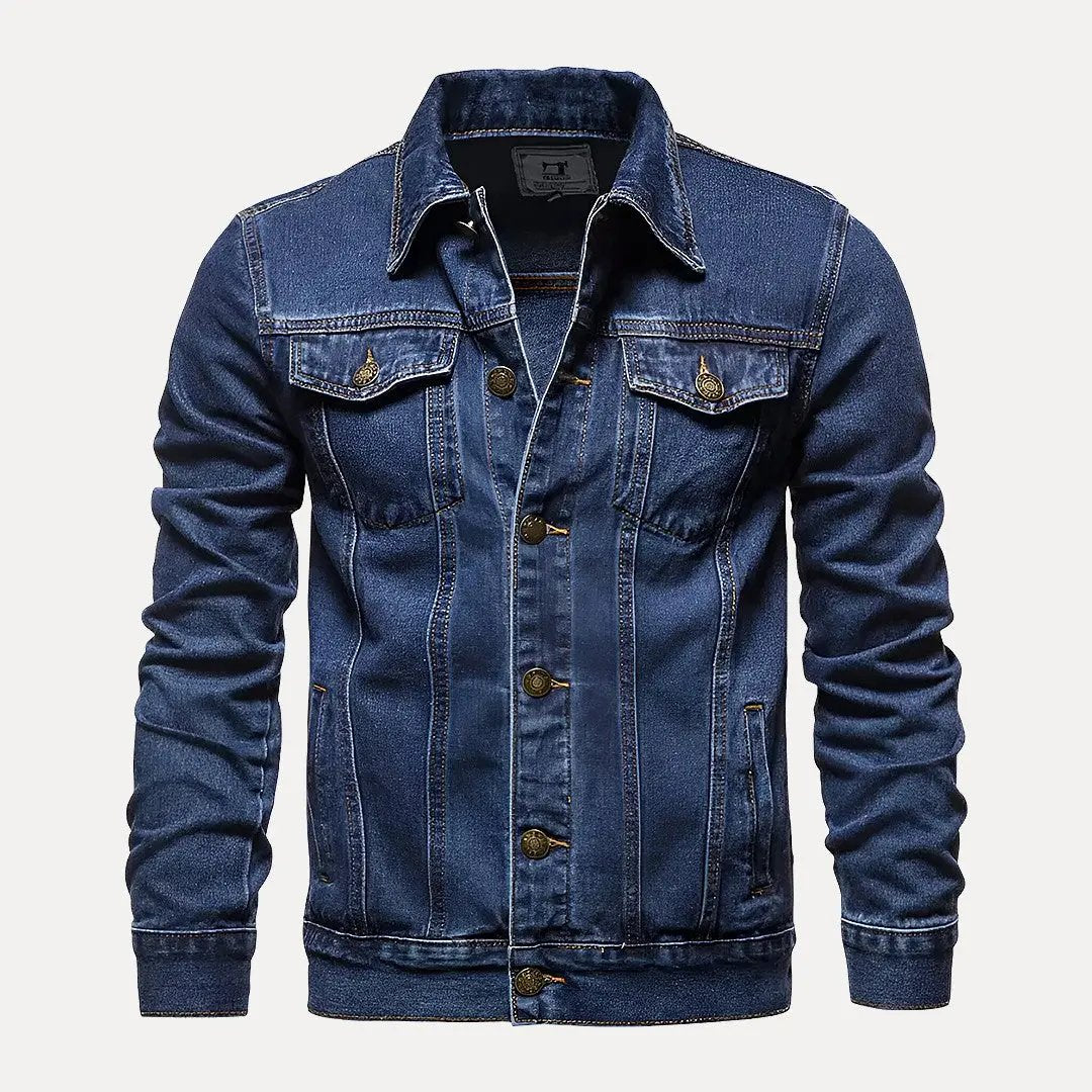 Men's slim fit blue denim jacket with button-down closure and motorcycle-inspired cotton design