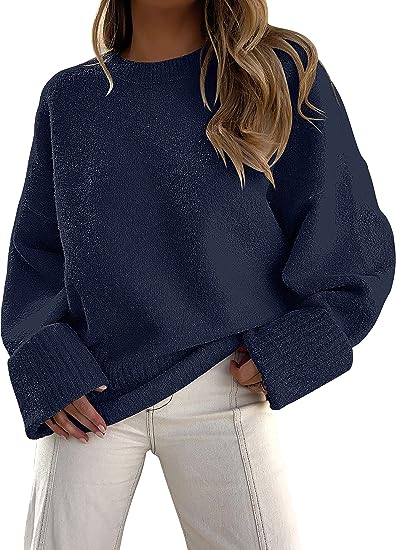 Women's oversized cream crew neck sweater, cozy relaxed fit for casual winter everyday wear