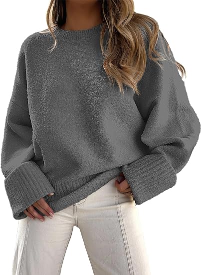 Women's oversized cream crew neck sweater, cozy relaxed fit for casual winter everyday wear