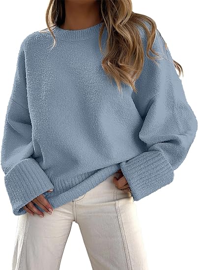 Women's oversized cream crew neck sweater, cozy relaxed fit for casual winter everyday wear