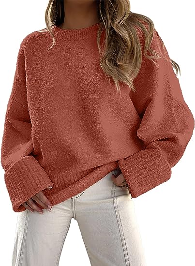 Women's oversized cream crew neck sweater with relaxed fit, perfect for cozy casual winter layering