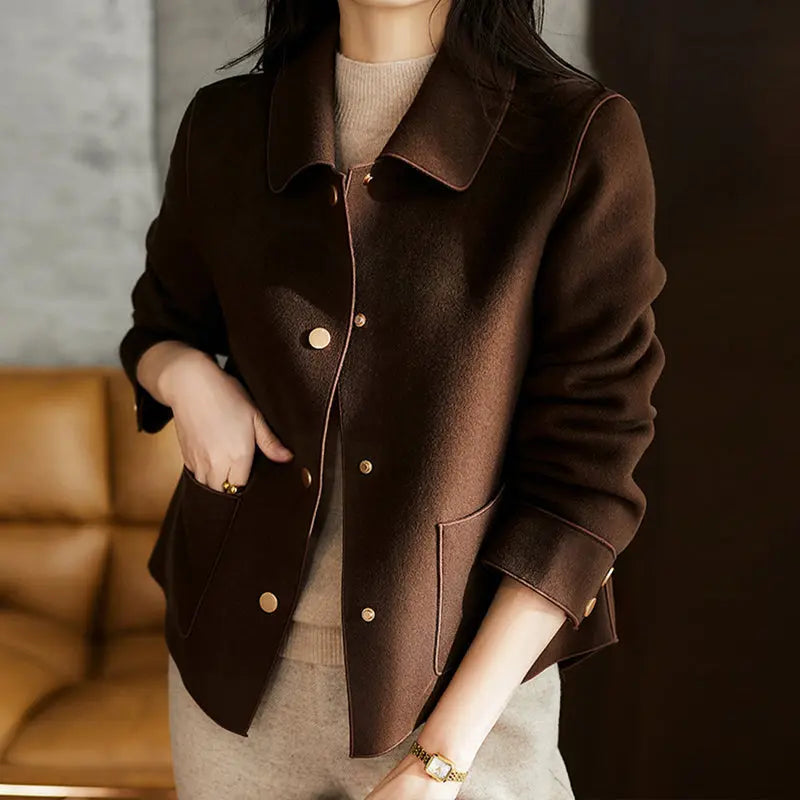 Women's oversized short wool coat, relaxed draped fit, soft breathable synthetic fabric, elegant fall essential