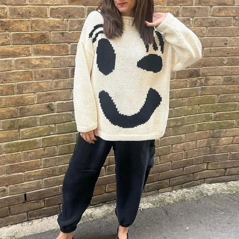 Women's oversized knit cardigan with smiley face design, soft cozy loose fit layering piece