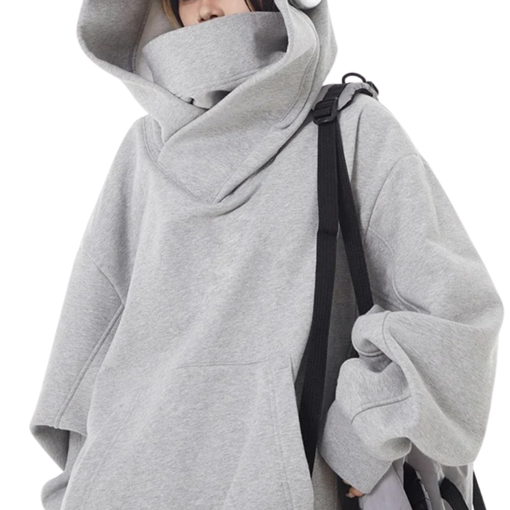 Black oversized women's turtleneck sweatshirt sculptural hood thick cotton fleece streetwear