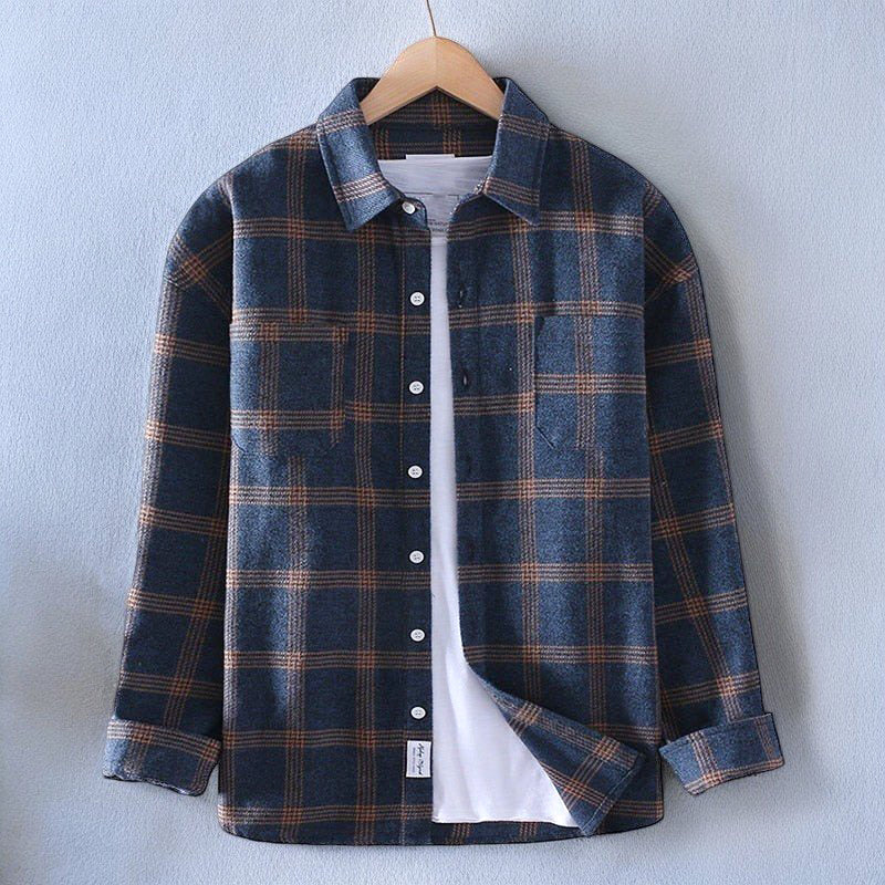 Men's casual long sleeve button-front plaid shirt in bold classic pattern, versatile layering wardrobe essential