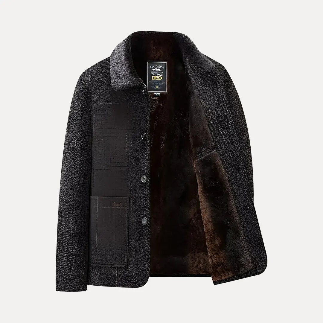 Men's Oxford fur-lined tailored jacket solid tone smooth shell structured silhouette for warmth