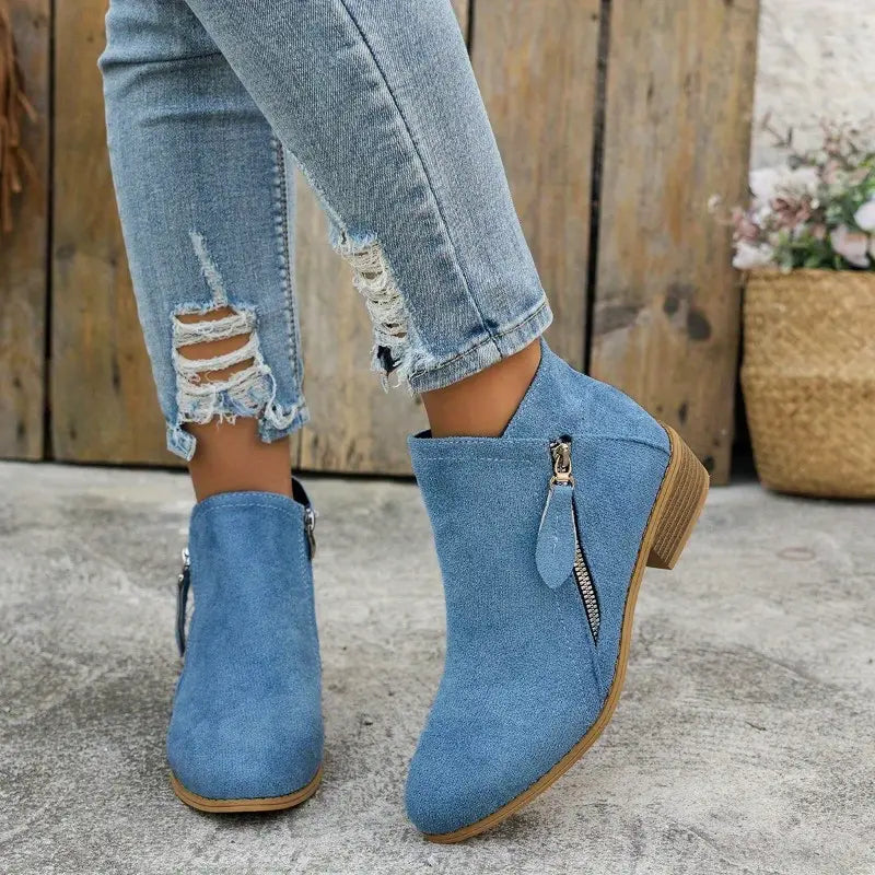 Women's suede-look ankle boots low heel rounded toe side zipper closure everyday versatile style