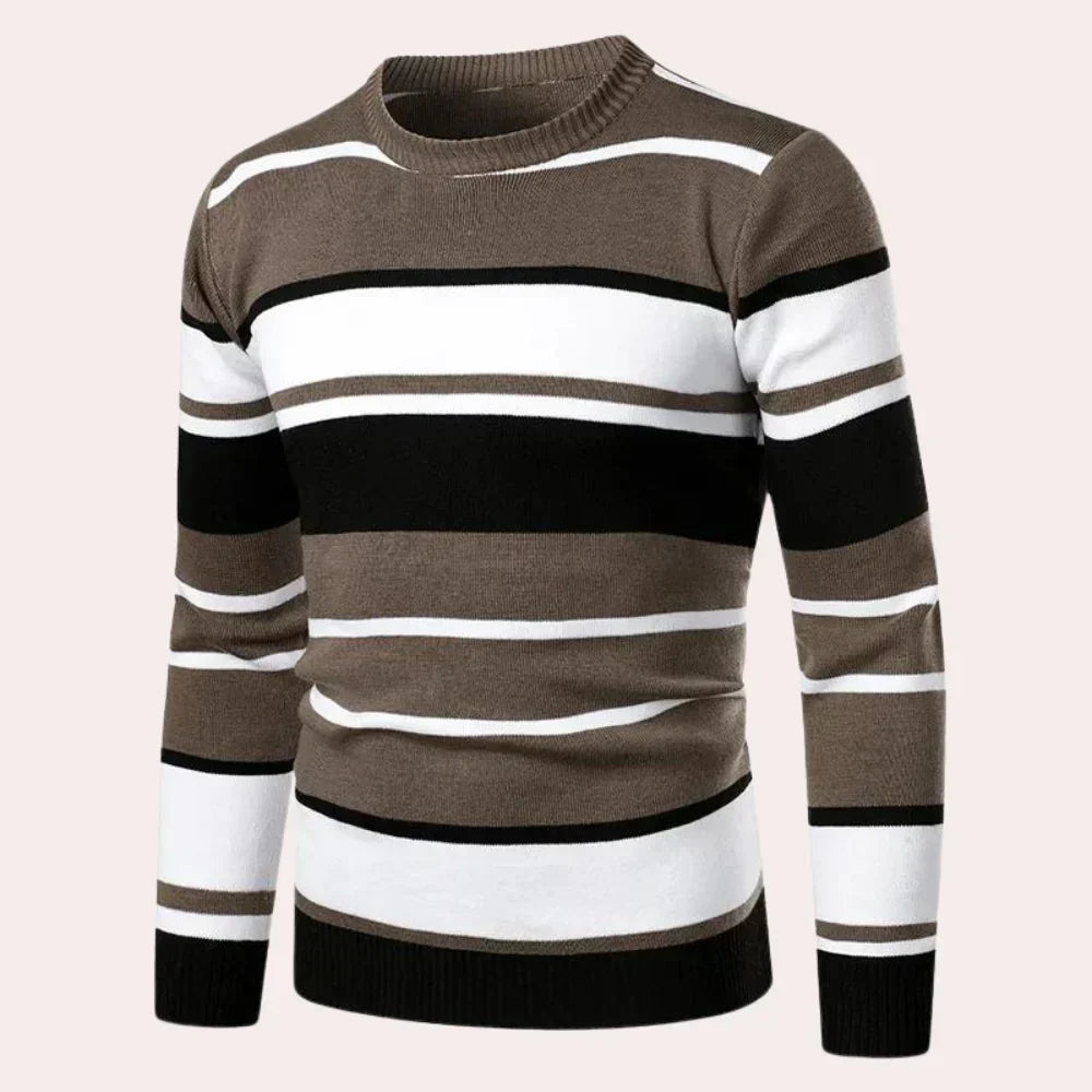 Men's relaxed striped knit sweater in classic colorblock pattern, soft sustainable everyday essential