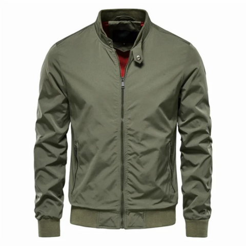 Men's black zipped jacket with high snap-button collar, clean contemporary cut for versatile everyday wear