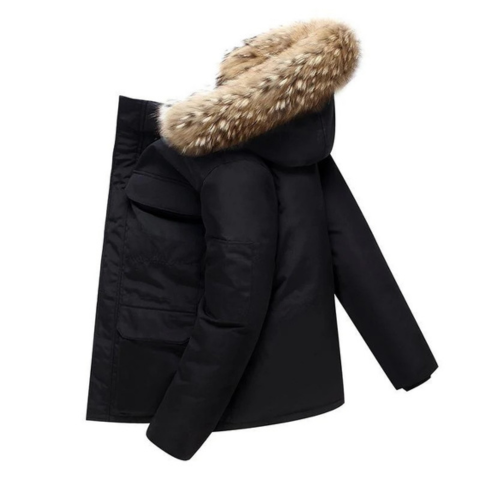 Men's hooded winter parka extreme warmth clean contemporary fit with wind-shield contour hood
