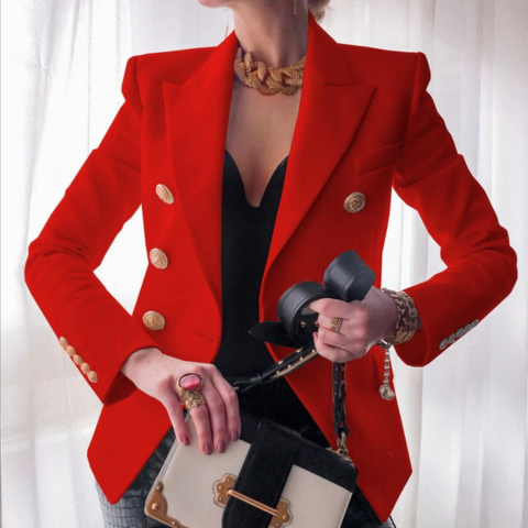 Women's black double-breasted structured blazer jacket with fitted cut for office-to-evening elegance
