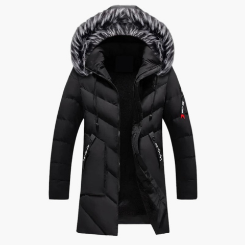 Men's black long-cut winter parka with removable faux fur hood for urban cold weather style
