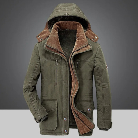 Men's hooded winter jacket in neutral tone, slim contemporary fit with thermal lining for cold weather