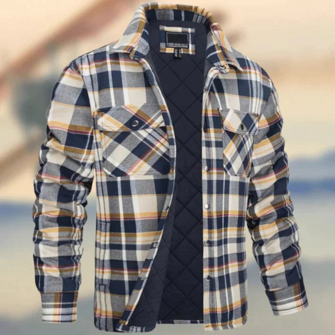 Men's blue checkered jacket with quilted insulation, lightweight slim fit for everyday city style