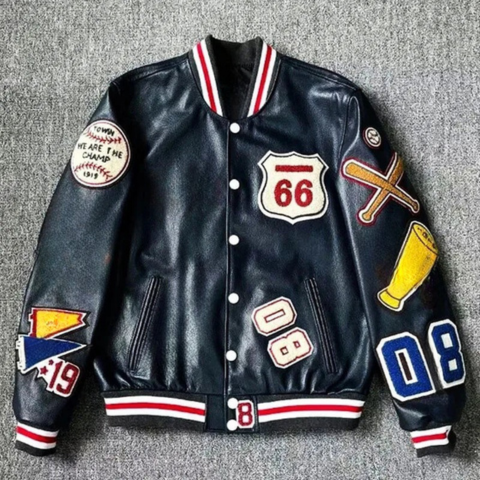 Black retro varsity baseball jacket bold graphic patches urban street style