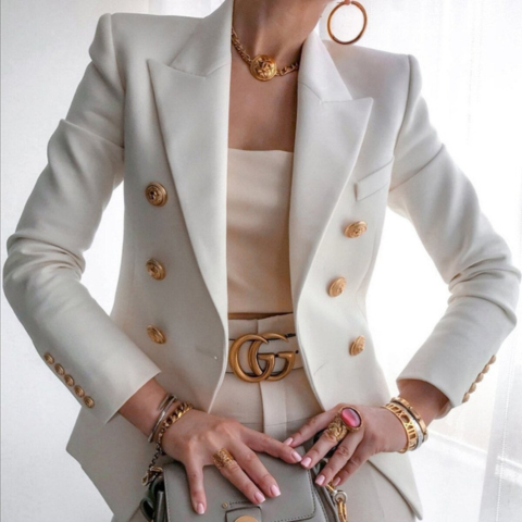 Women's double-breasted classic blazer jacket structured fit timeless elegance office-to-evening style