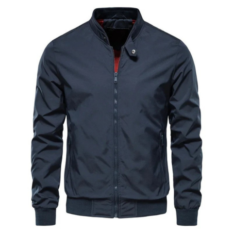 Men's navy zipped jacket contemporary slim fit with high snap button collar for modern style