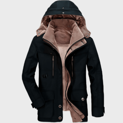 Davy men's hooded winter jacket black urban fit with adjustable removable hood cold weather