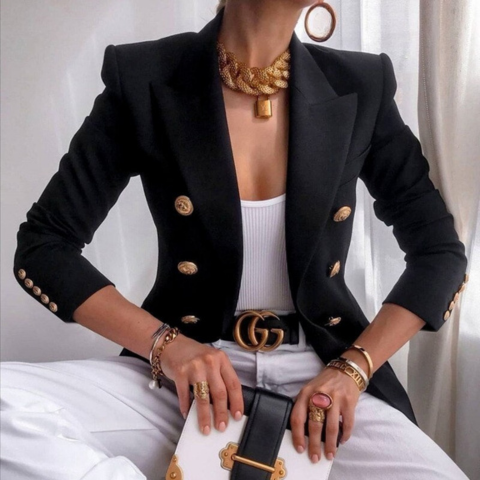 Women's double-breasted classic blazer jacket structured fit timeless elegance office-to-evening style