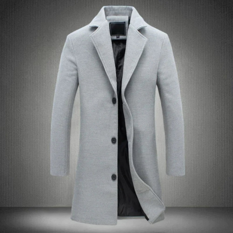 Men's dark long coat with classic button closure, fitted silhouette for office and city styling