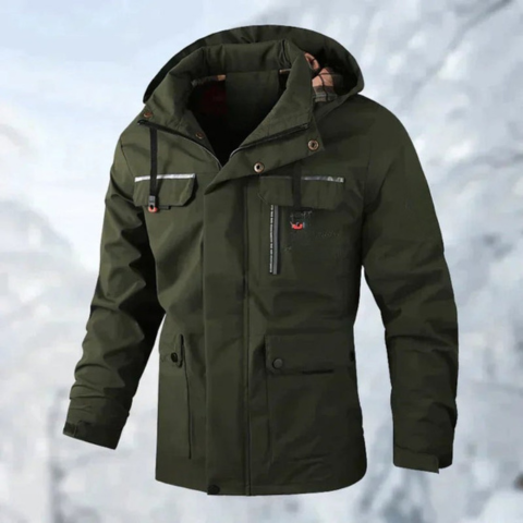 Men's black insulated winter jacket with adjustable hood, slim urban fit for everyday cold weather wear