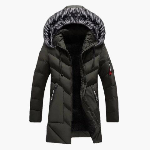 Men's navy blue long-cut winter parka with removable faux fur hood for urban cold weather style