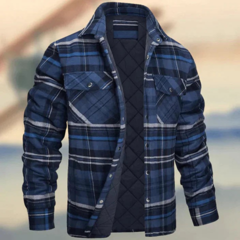Men's blue checkered jacket with quilted insulation, lightweight slim fit for everyday city style