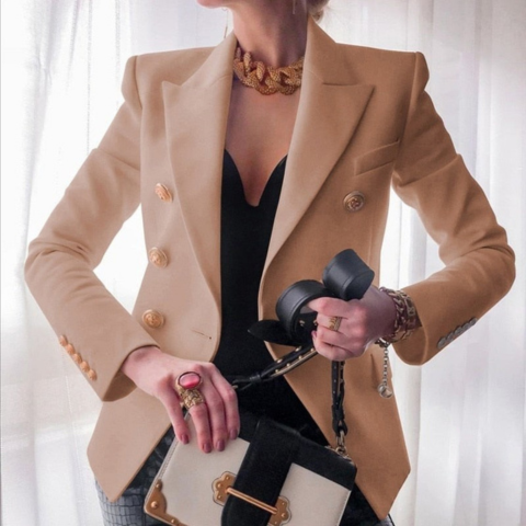 Women's black double-breasted classic blazer jacket structured fit elegant office-to-evening style
