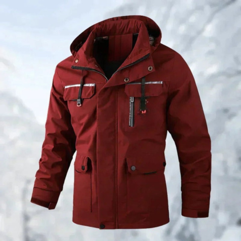 Men's black urban winter jacket with water-resistant finish, insulating slim fit, and adjustable hood