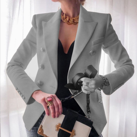 Women's navy double-breasted blazer jacket structured fit elegant office-to-evening polished silhouette