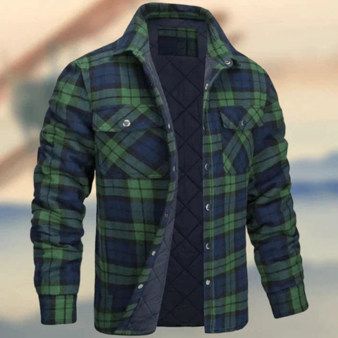 Men's blue checkered jacket with quilted insulation, lightweight slim fit for everyday style