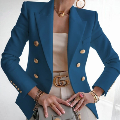 Women's navy double-breasted blazer jacket structured fit elegant office-to-evening silhouette