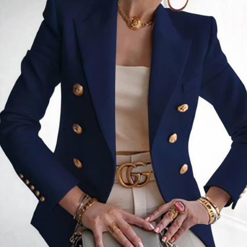 Women's navy double-breasted blazer jacket structured fit polished silhouette office to evening