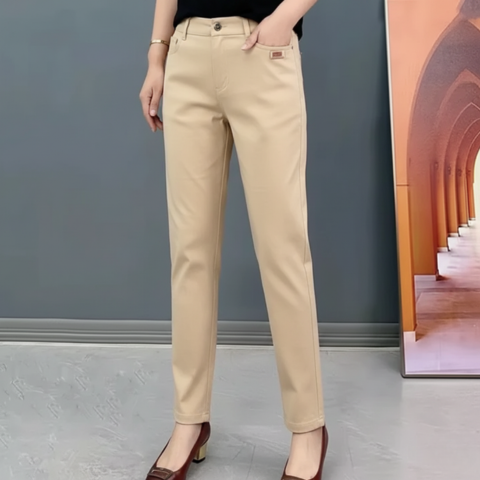 Women's casual straight-cut pants in neutral tone, effortless comfort design for modern on-the-go style
