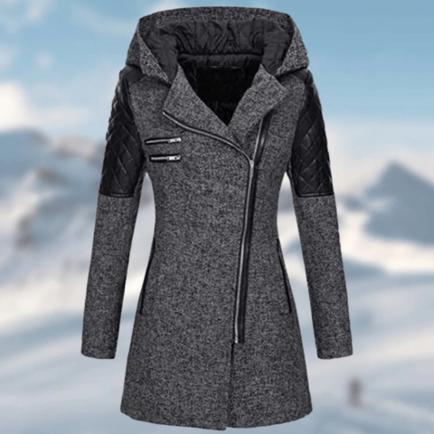 Women's mid-length slim zip coat with hood, warm lining, asymmetrical closure, chic city silhouette