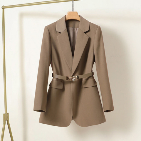 Women's long belted blazer structured fit adjustable waist belt modern elegant silhouette