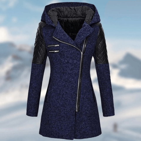 Women's mid-length slim zip coat with hood, warm lining, and asymmetrical closure in chic silhouette