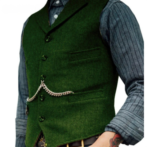 Charcoal men's slim-fit suit vest with decorative vintage chain detail, tailored urban chic style